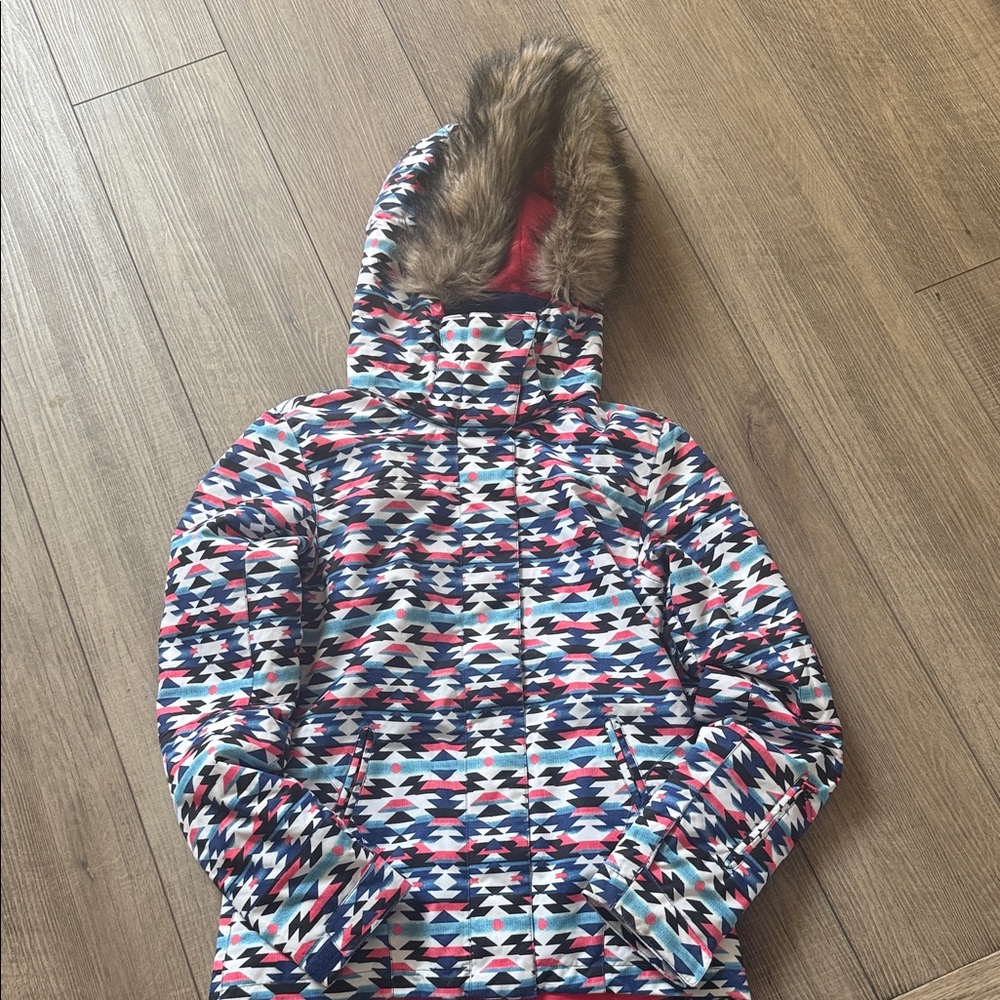 Roxy ski snowboard jacket Colorful Patterned Hooded Jacket with Faux Fur Trim XS